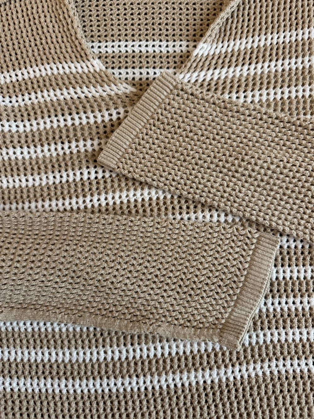GAP Beige and White Striped Open-Knit V-Neck Polo Sweater - Picture 3 of 7